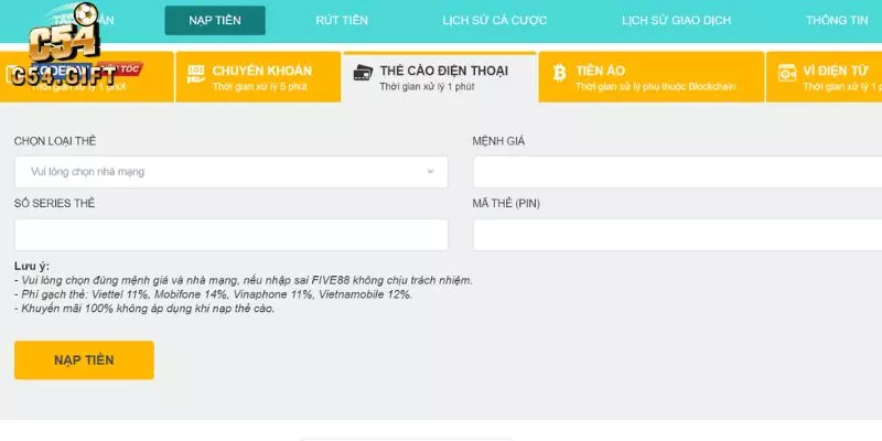 Hướng dẫn quy trình nạp tiền tại nhà cái C54 