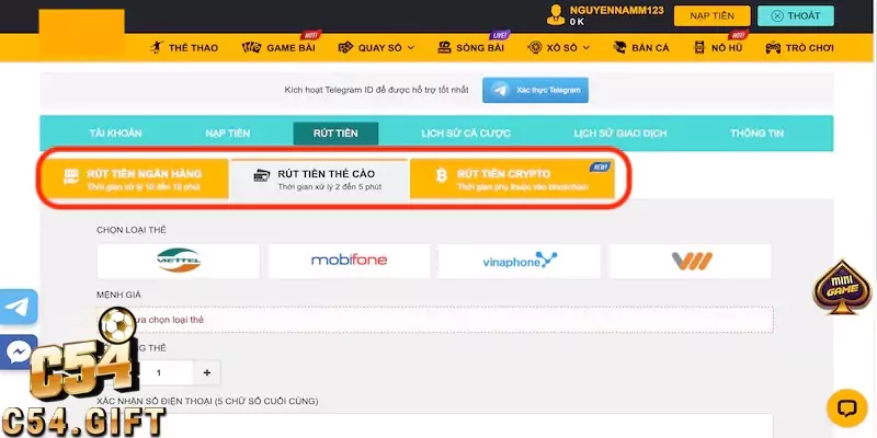Các hình thức rút tiền tại C54 phổ biến nhất